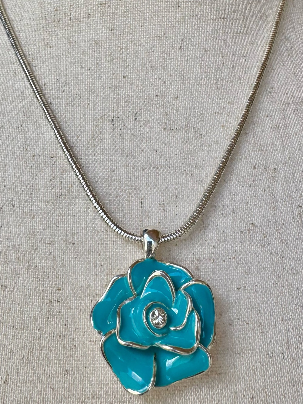 Authentic Swarovski Blue Enamel Rose Pendant Necklace Silver Tone Crystal Center